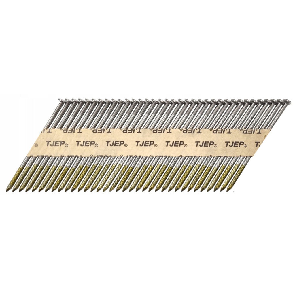 TJEP vinys 34° 2.8×75 mm, rifliuotos, nedengtos, sujungtos popieriumi, pakuotėje 4000 vnt. Profesionalios statybinės vinys, skirtos karkasinių, stogo ir medinių konstrukcijų tvirtinimui sausose vidaus patalpose.