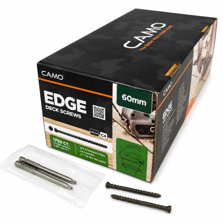 CAMO EDGE paslėpto tvirtinimo medsraigčių dėžė su montavimo antgaliais.