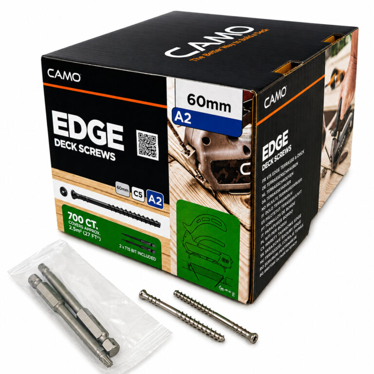 CAMO EDGE A2 60 mm nerūdijančio plieno terasiniai medsraigčiai paslėptam tvirtinimui su montavimo antgaliais.