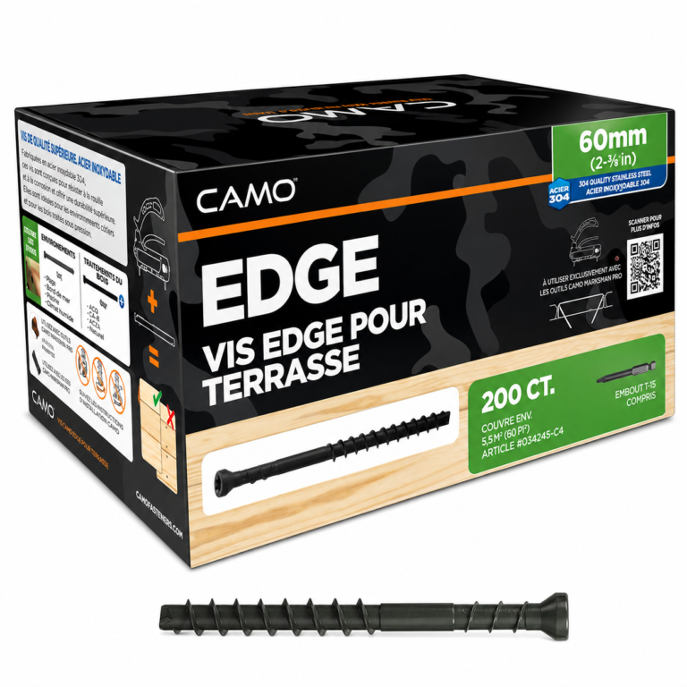 CAMO EDGE 60 mm terasiniai medsraigčiai paslėptam tvirtinimui, 200 vnt. pakuotė, juodos spalvos, skirti terasos lentų montavimui.