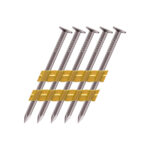 HP vinys 3.8x120 mm, lygios, geltonai cinkuotos, sujungtos plastiku 21° kampu, pakuotėje 1500 vienetų – skirtos medinių konstrukcijų ir karkasų tvirtinimui.