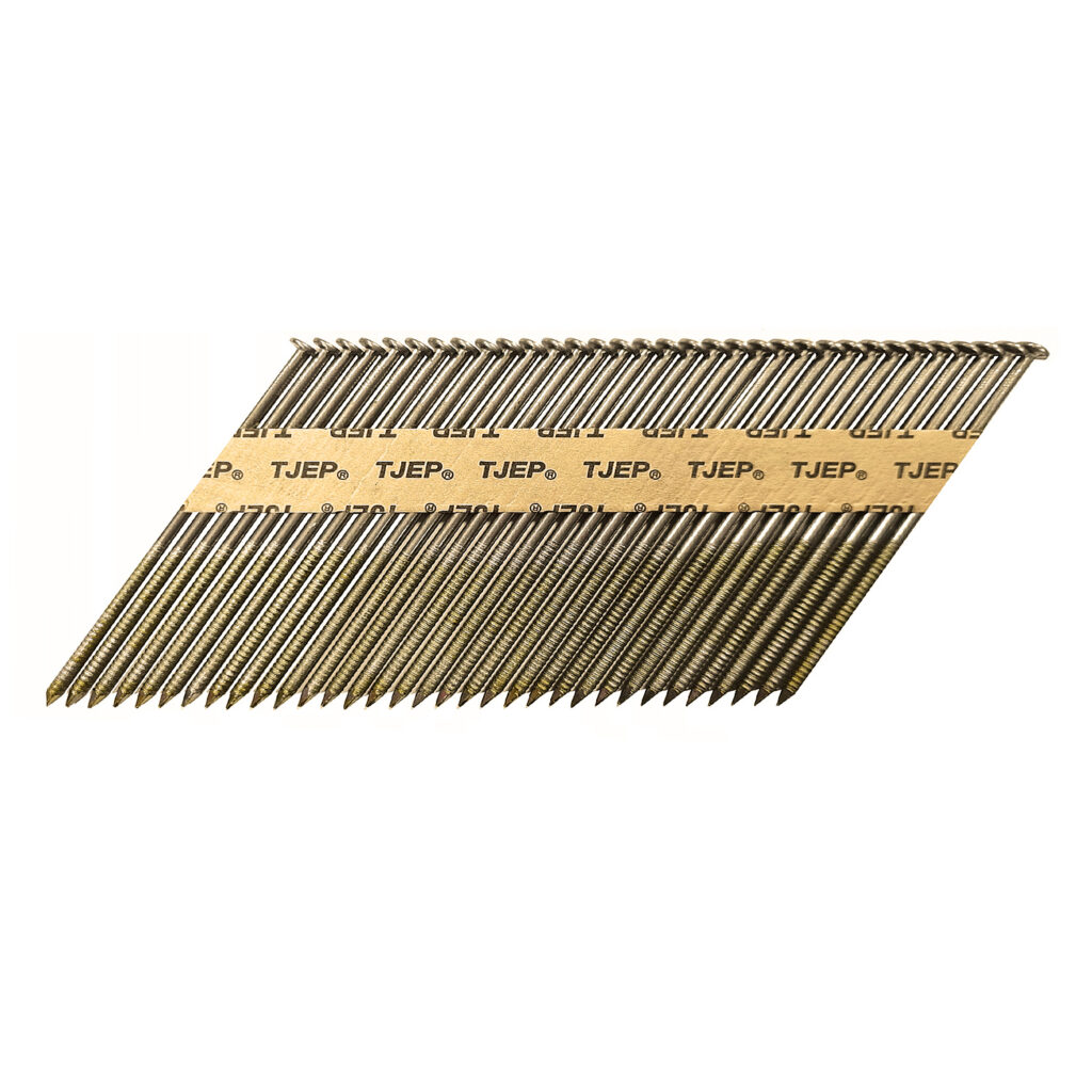 TJEP vinys 34° 2.8×75 mm, rifliuotos, geltonai cinkuotos, sujungtos popieriumi, pakuotėje 4000 vnt. Aukštos kokybės statybinės vinys, skirtos karkasų, stogų ir medinių konstrukcijų tvirtinimui. Atsparios korozijai, tinkamos naudoti tiek vidaus, tiek lauko darbams.