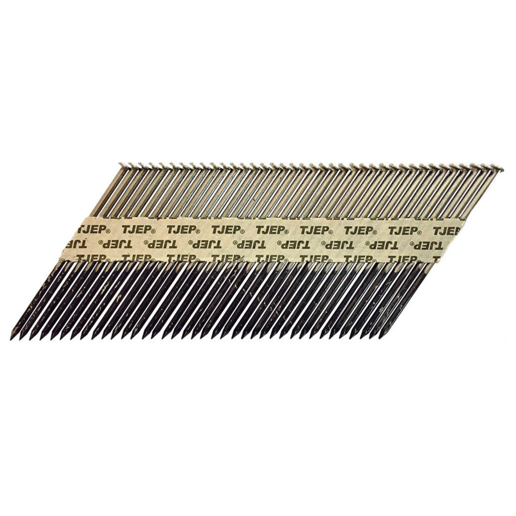 TJEP vinys 34° 3.1×90 mm, lygios, nedengtos, sujungtos popieriumi, pakuotėje 3000 vnt. Profesionalios statybinės vinys, skirtos karkasų, konstrukcijų ir medinių elementų tvirtinimui vidaus darbams, kur nereikalinga antikorozinė apsauga.