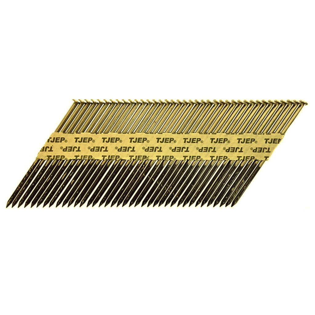 TJEP vinys 34° 3.1×90 mm, sujungtos popieriumi, lygios, geltonai cinkuotos, pakuotėje 3000 vnt. Aukštos kokybės statybinės vinys, skirtos karkasinių konstrukcijų, stogų ir medinių elementų tvirtinimui.