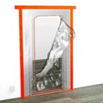 Laikinos statybinės durys su užtrauktuku D tipo, pagamintos iš tvirtos polietileno plėvelės, užtikrinančios dulkių ir oro srautų izoliaciją tarp darbinių zonų.