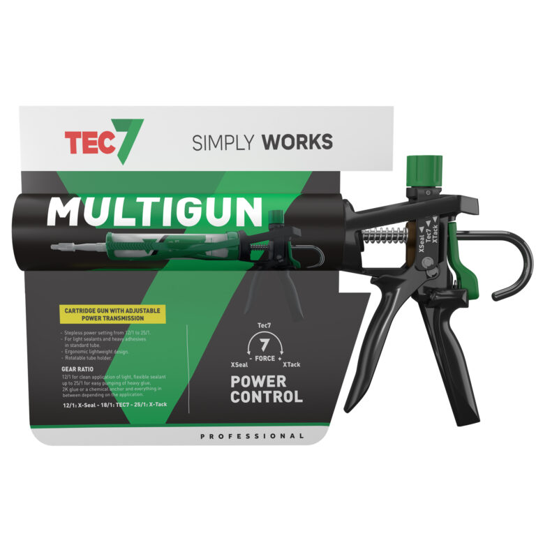 TEC7 MULTIGUN profesionalus pistoletas sandarinimo ir klijų kartridžams, su reguliuojama išspaudimo jėga, tvirtas aliuminio korpusas ir ergonomiška rankena.