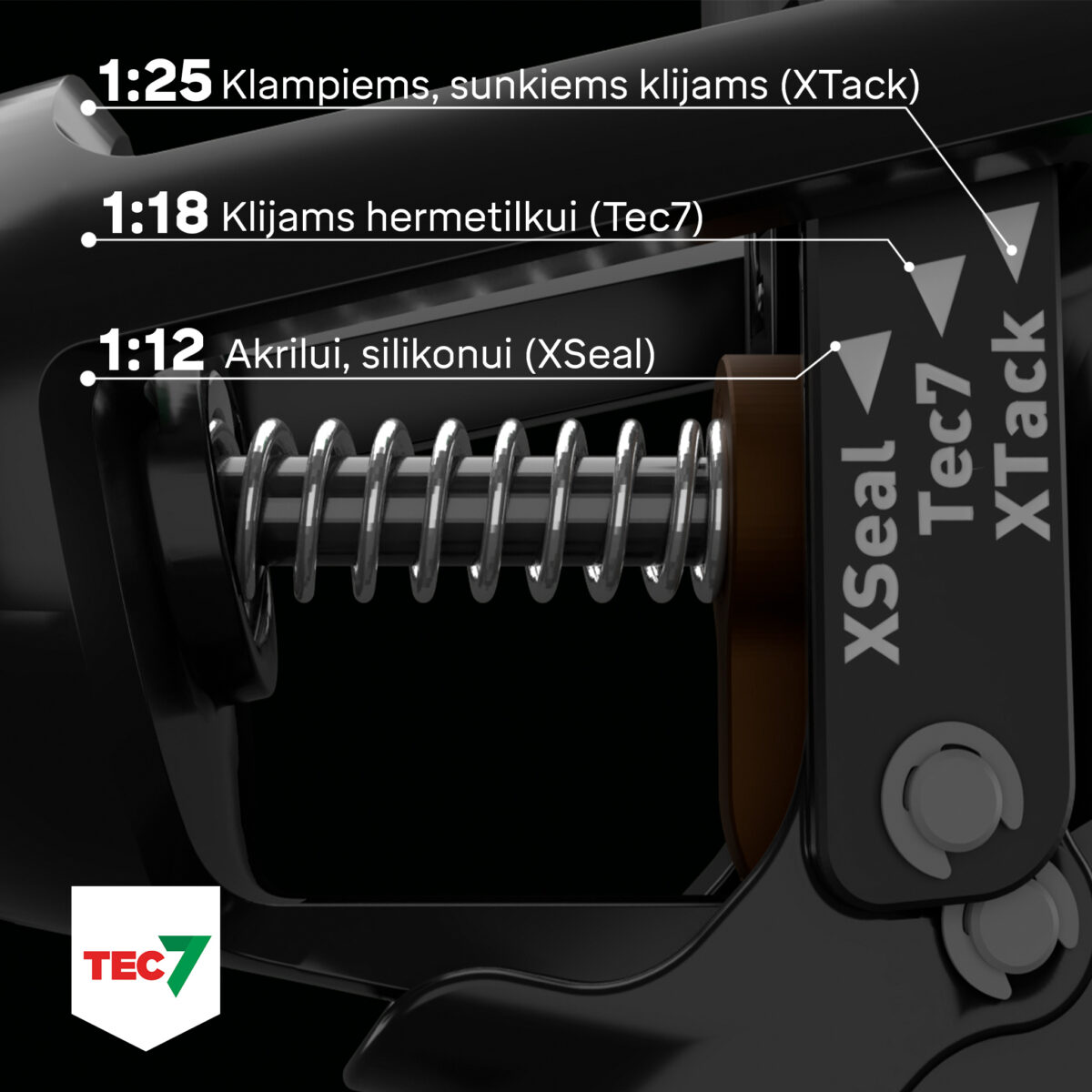 TEC7 MULTIGUN reguliuojamos išspaudimo jėgos pistoletas silikonui, klijams ir hermetikams, skirtas 310 ml kartridžams.