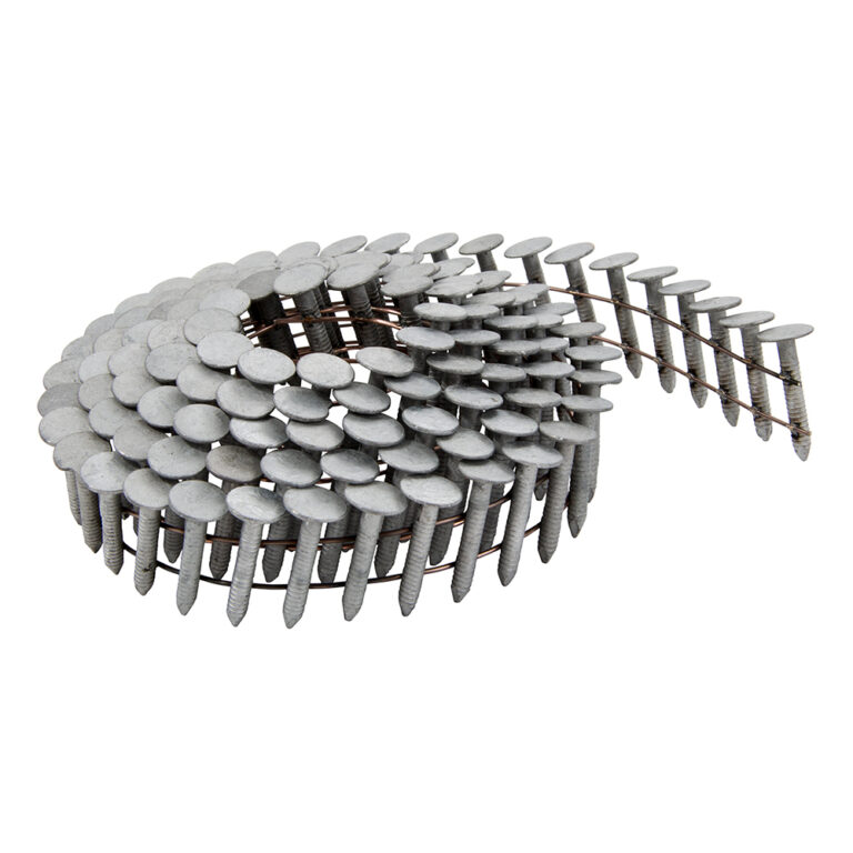 Tjep stogvinės rifliuotos vinys, 3.0x22 mm dydžio, karštai cinkuotos, sujungtos viela 15/16° kampu ritėje, pakuotėje 3360 vnt – skirtos stogų dangos tvirtinimui.