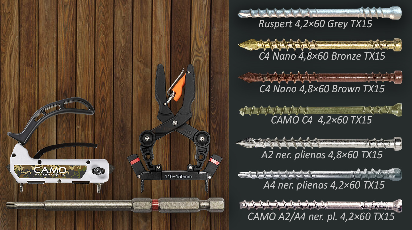 Medsraigčiai paslėptam terasinių lentų tvirtinimui